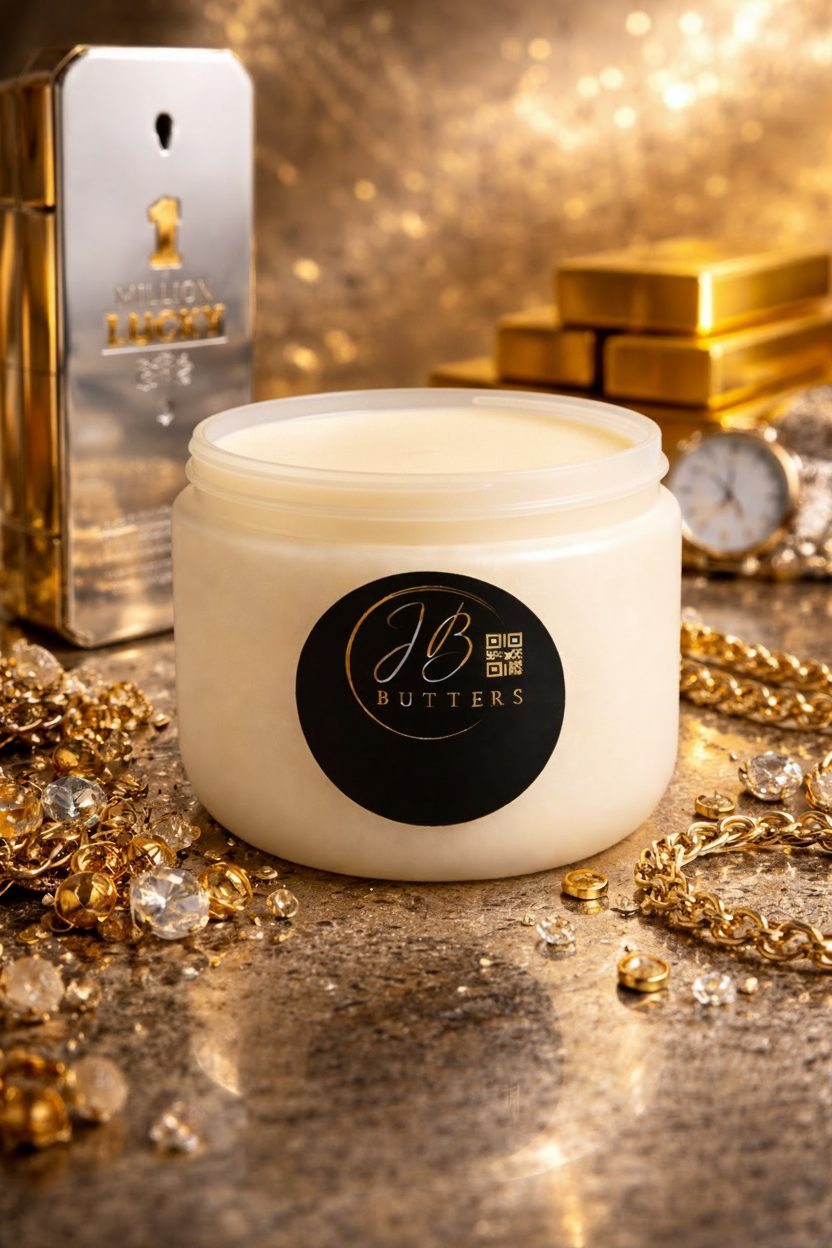 Jar of JB Butters cream with gold accents and jewelry in the background