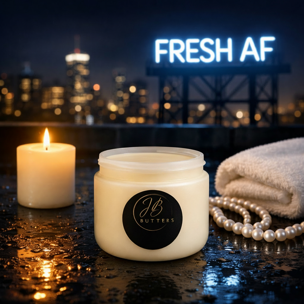 Jar of cream with a candle and towel on a reflective surface at night with city skyline in the background.