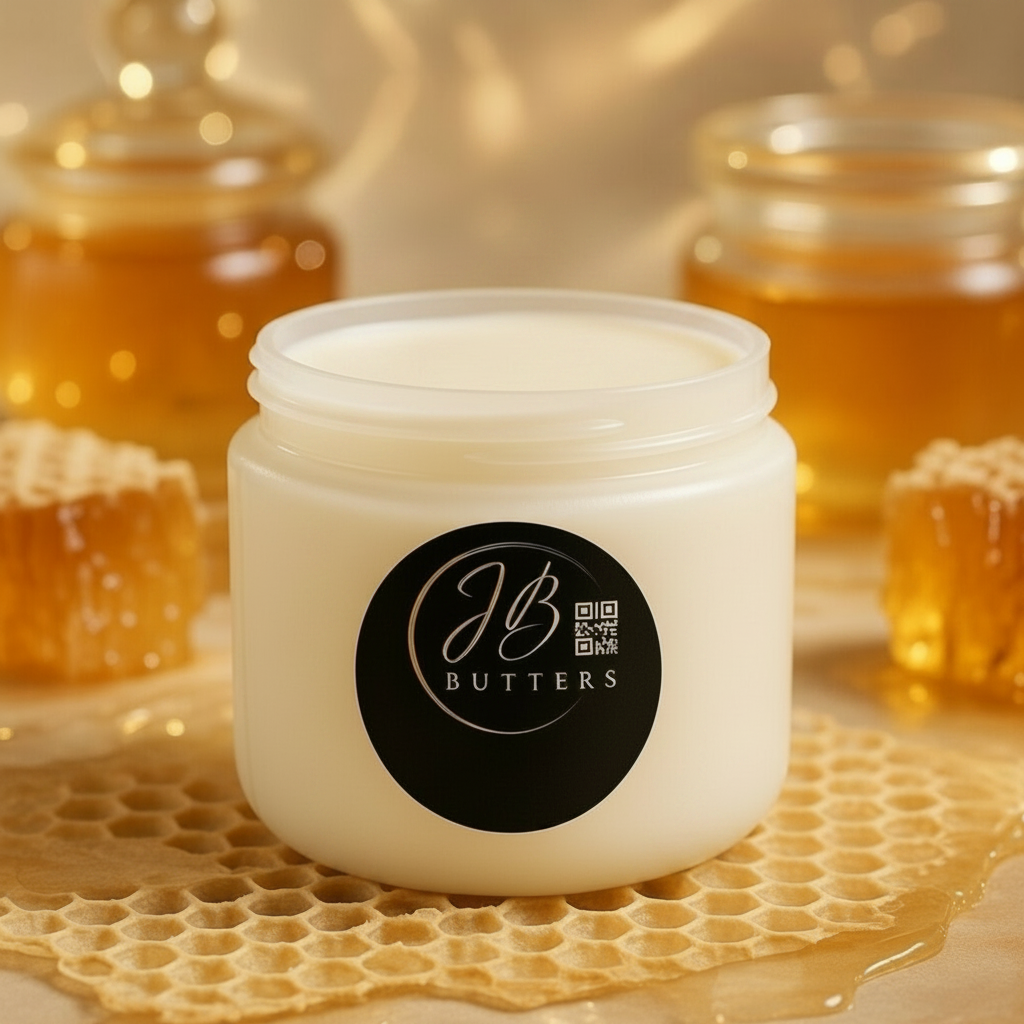Jar of cream with honey being drizzled on top, set against a honeycomb background with jars of honey.