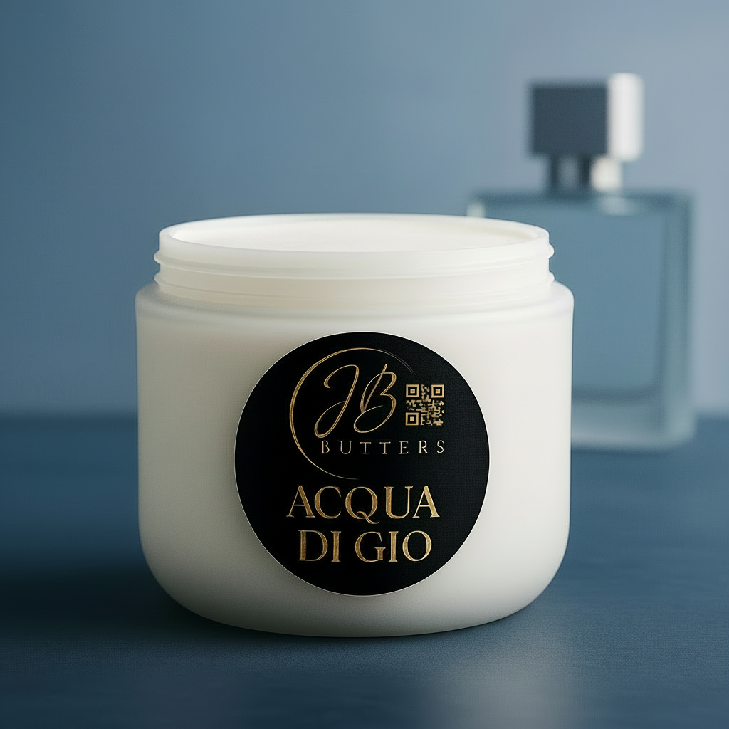 Jar of JB Butters Acqua Di Gio cream with a blurred perfume bottle in the background.