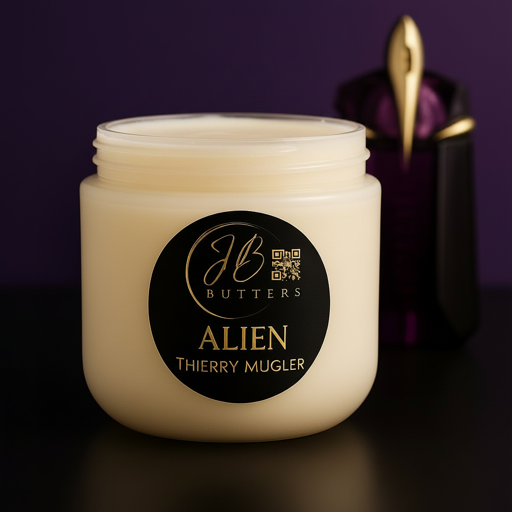 Jar of Thierry Mugler Alien perfume cream with visible branding on a dark background