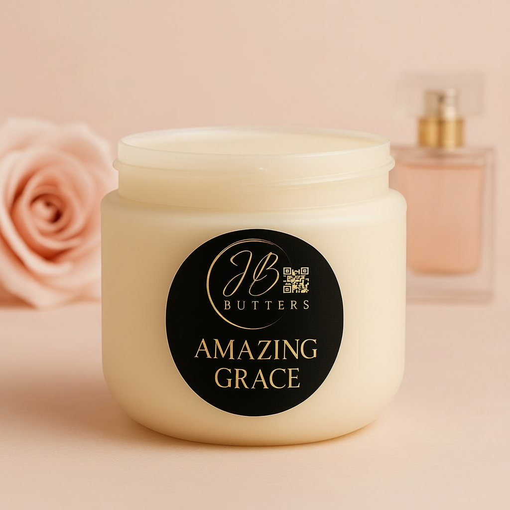 Jar of JB Butters Amazing Grace cream with a rose in the background