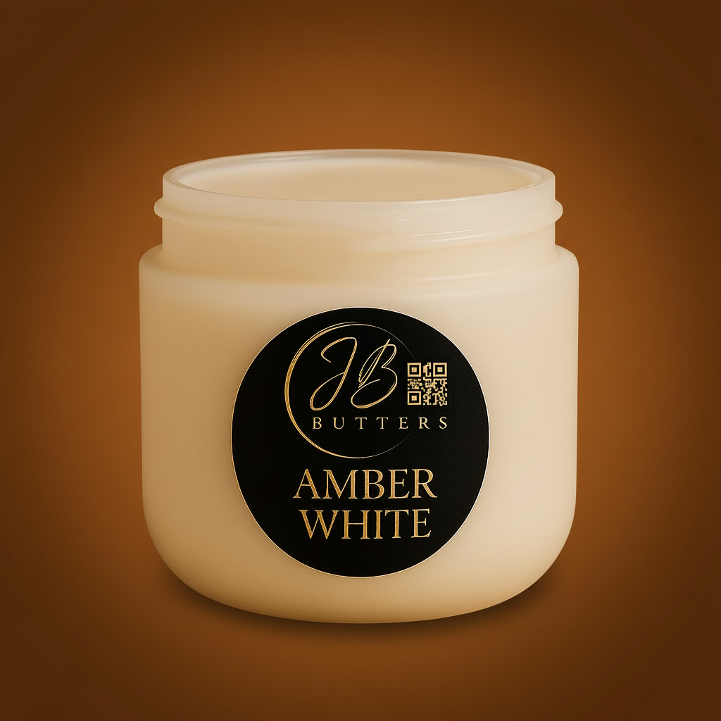 Jar of Amber White cream with JB Butters logo on a beige background