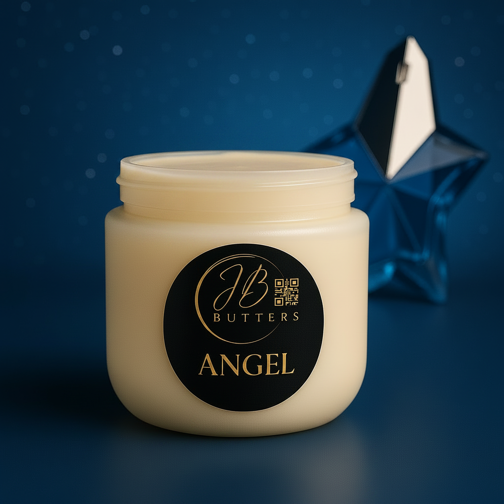 Jar of JB Butters Angel cream with a blue star in the background