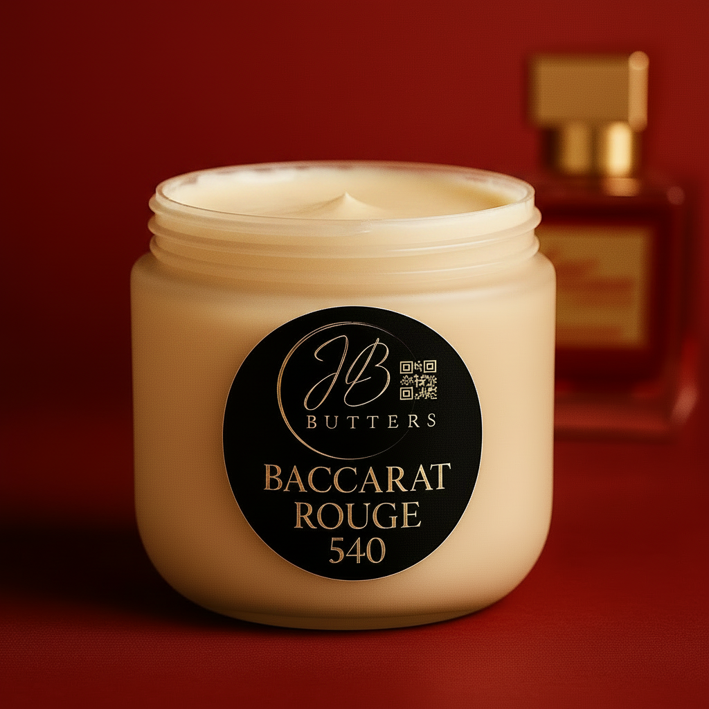 Jar of JB Butters Baccarat Rouge 540 cream on a red background