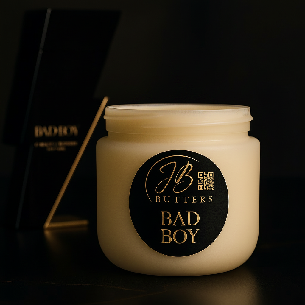 Jar of JB Butters Bad Boy cream with a black background
