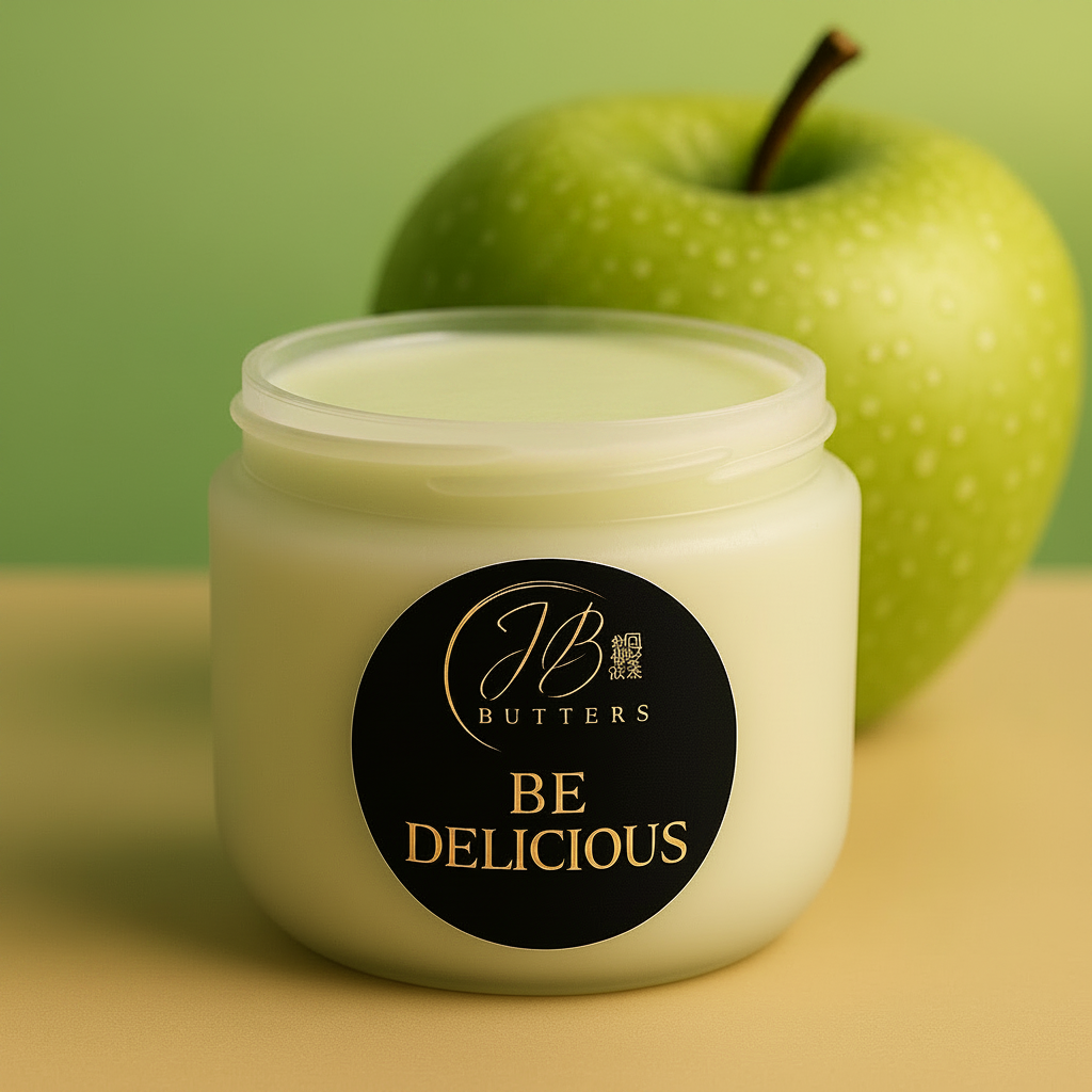 Jar of JB Butters cream with a green apple on a yellow background