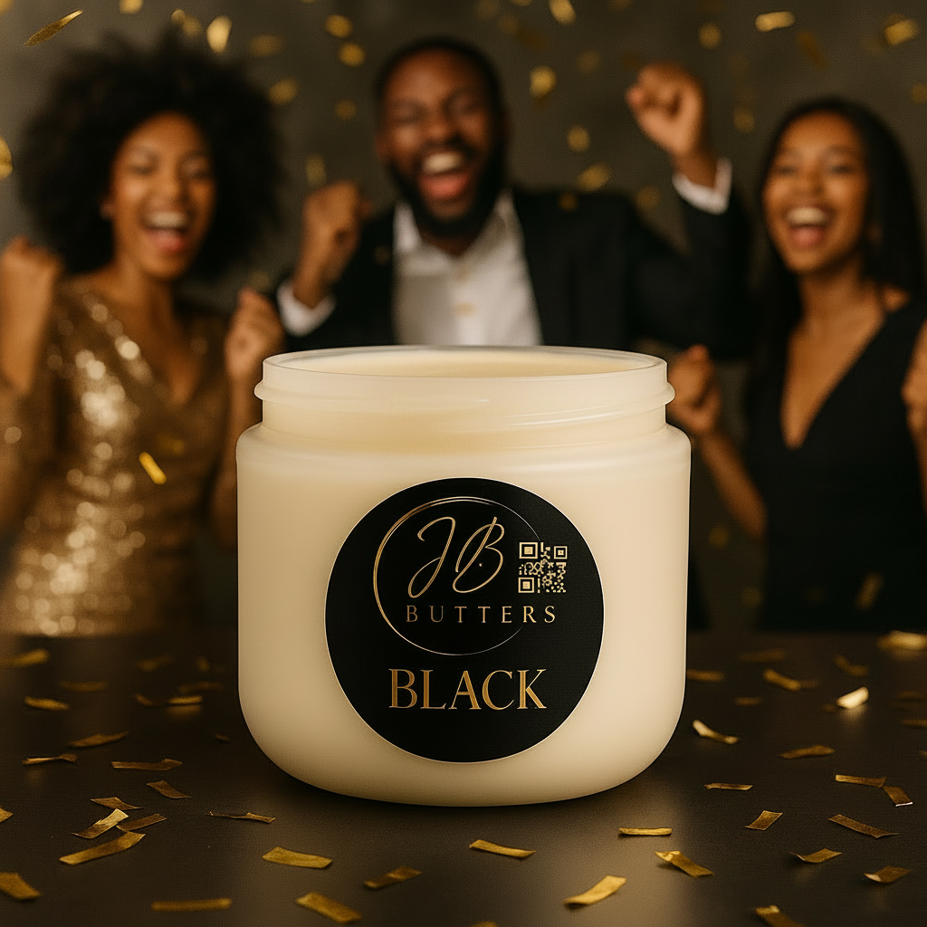 Jar of JB Butters Black cream with people in formal attire in the background
