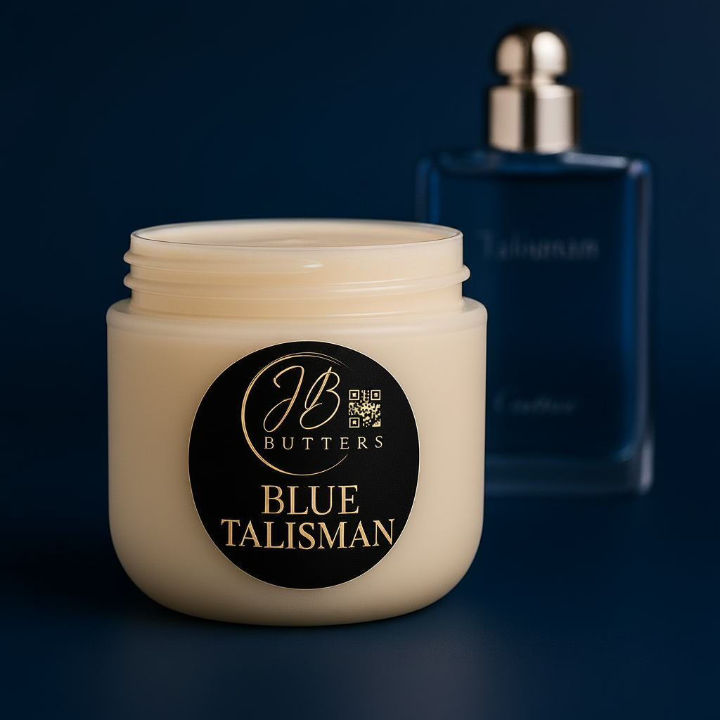 Jar of cream with 'Blue Talisman' label and a blue bottle in the background on a dark background
