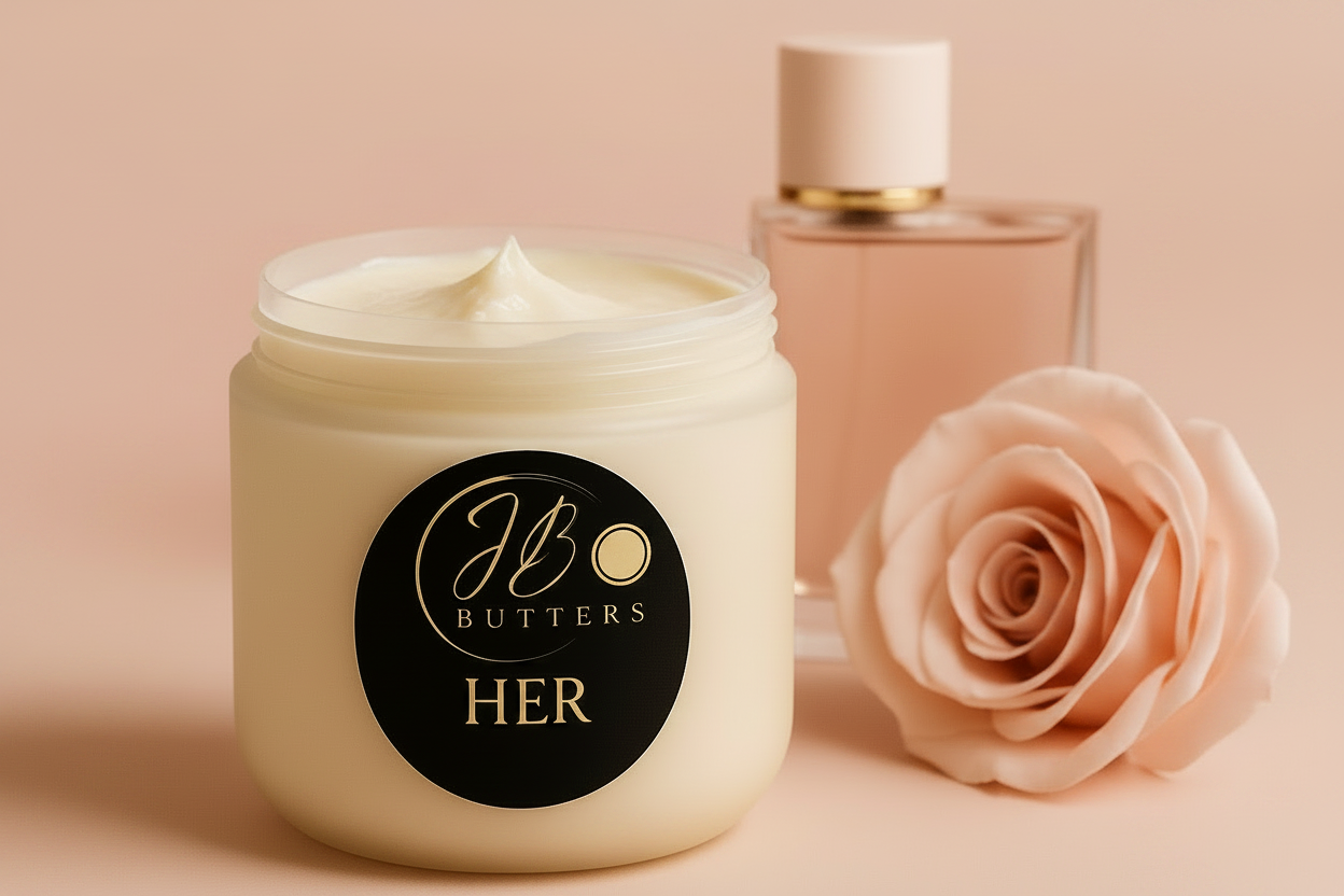 Butters 'HER' cream jar with a rose on a pink background