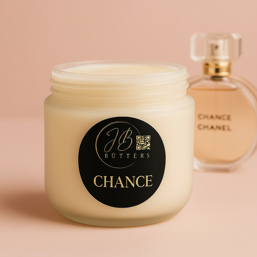Jar of cream with 'JB Butters' label and a bottle of Chanel perfume on a beige background