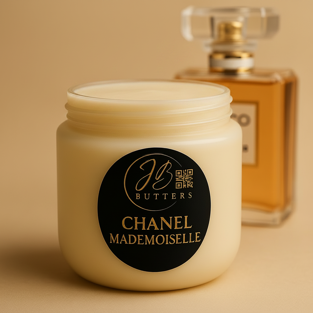 Jar of cream with 'JB Butters' and 'Chanel Mademoiselle' branding on a beige background