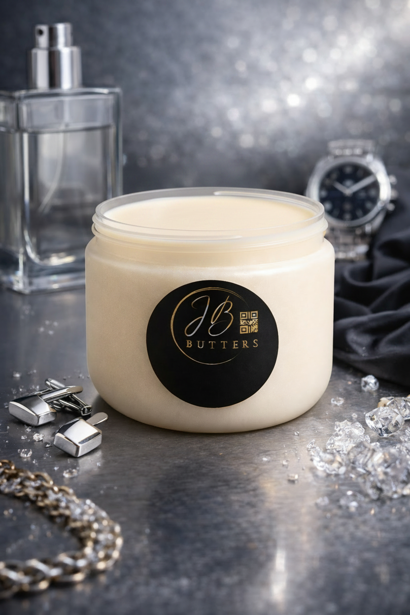 Jar of cream with JB Butters logo on a dark surface with jewelry and perfume bottle in the background