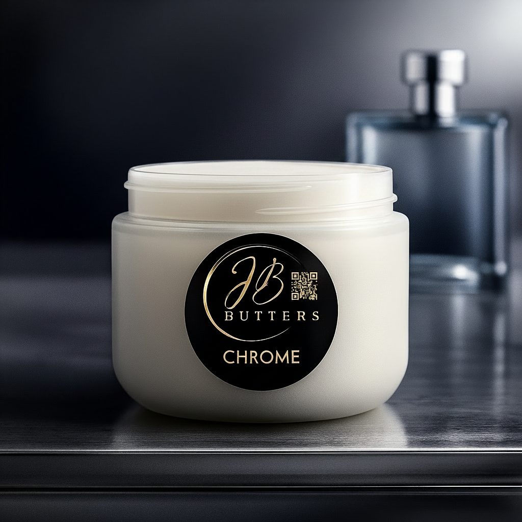 Jar of JB Butters Chrome cream with a dark background