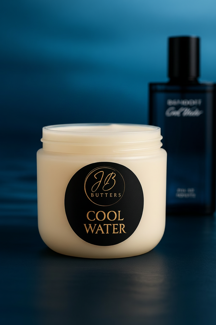Jar of cream with 'J&B Butters Cool Water' label on a blue background