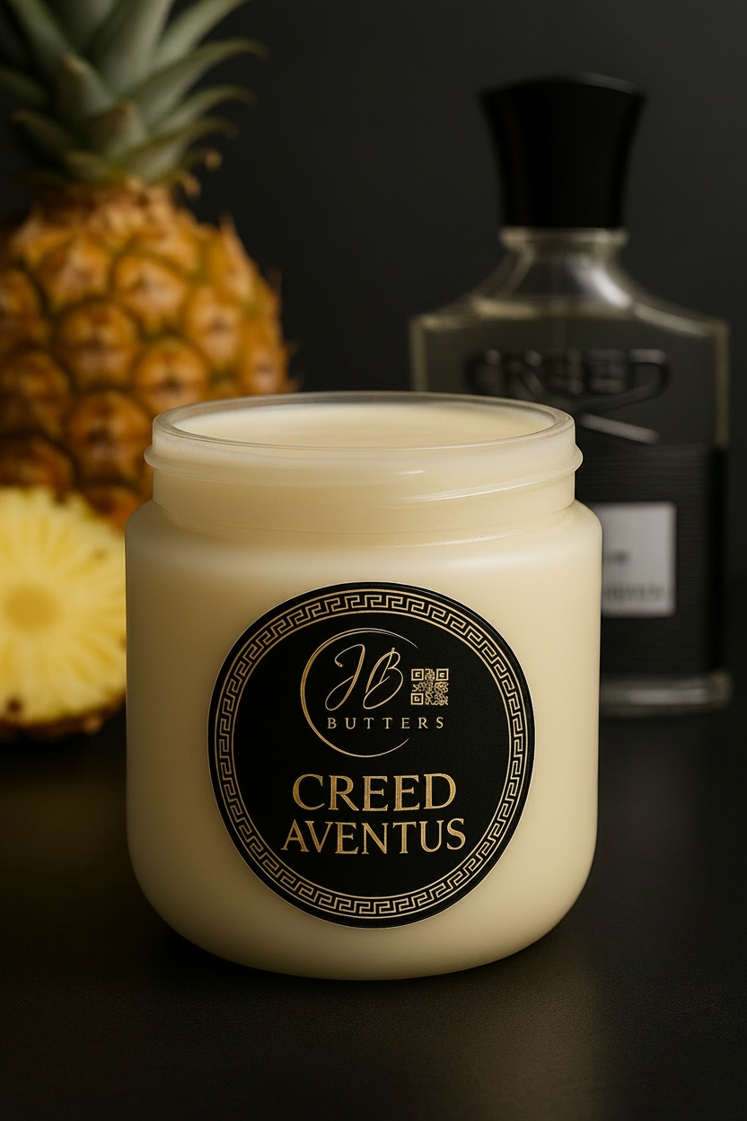 Jar of cream with 'Creed Aventus' label, pineapple, and bottle in the background
