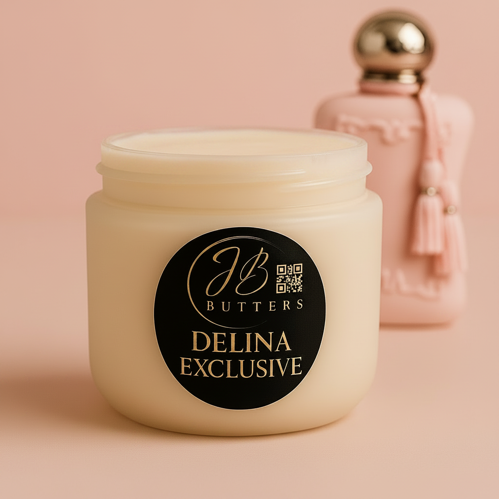 Jar of cream with 'JB Butters Delina Exclusive' label on a pink background