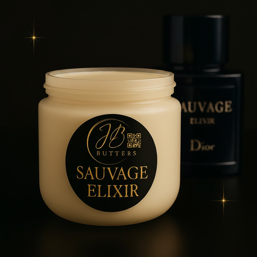 Jar of 'Butters Sauvage Elixir' with a black background