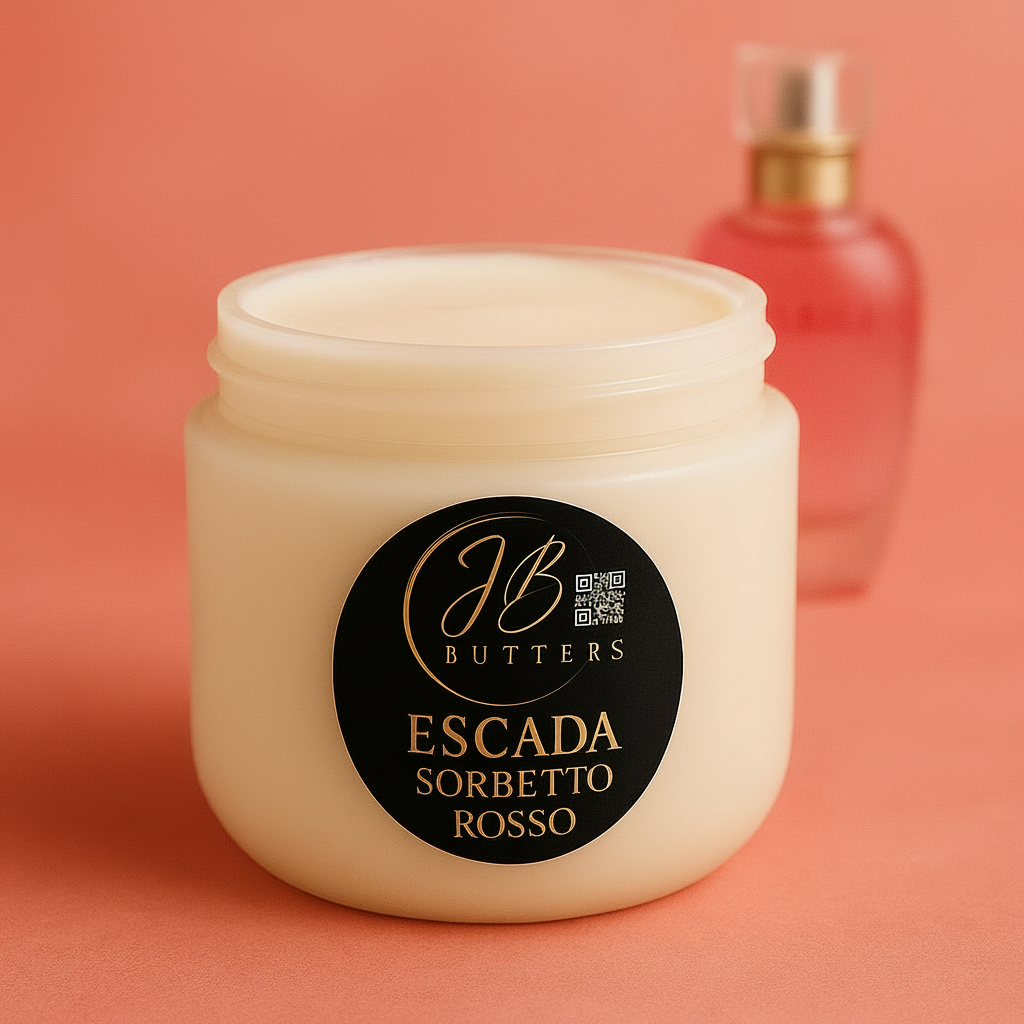 Jar of Escada Butters Sorbetto Rosso on a coral background