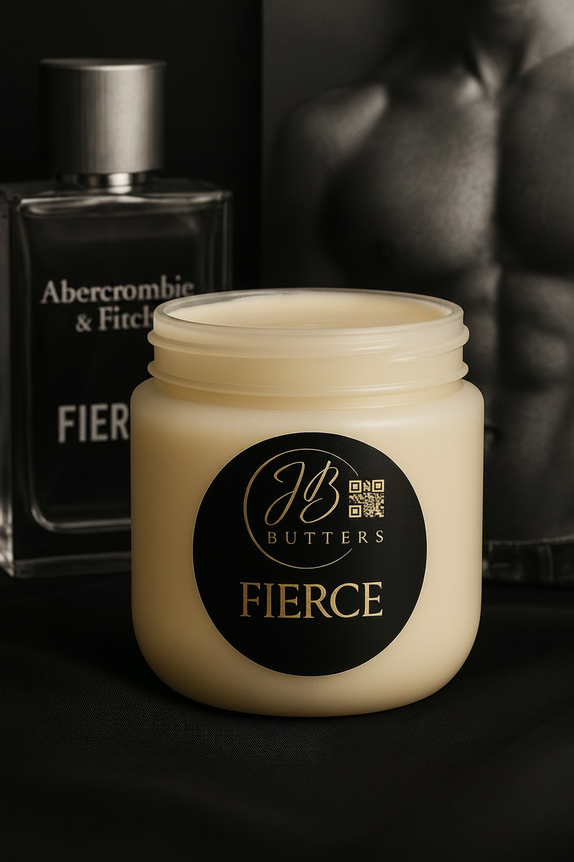 Jar of Butters Fierce cream with Abercrombie & Fitch perfume in the background
