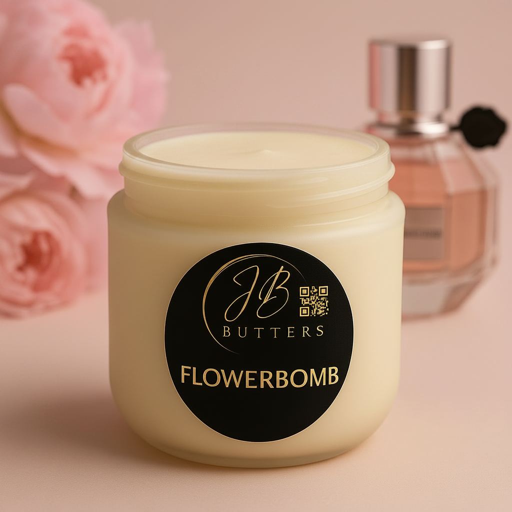 Jar of JB Butters Flowerbomb cream with a perfume bottle in the background