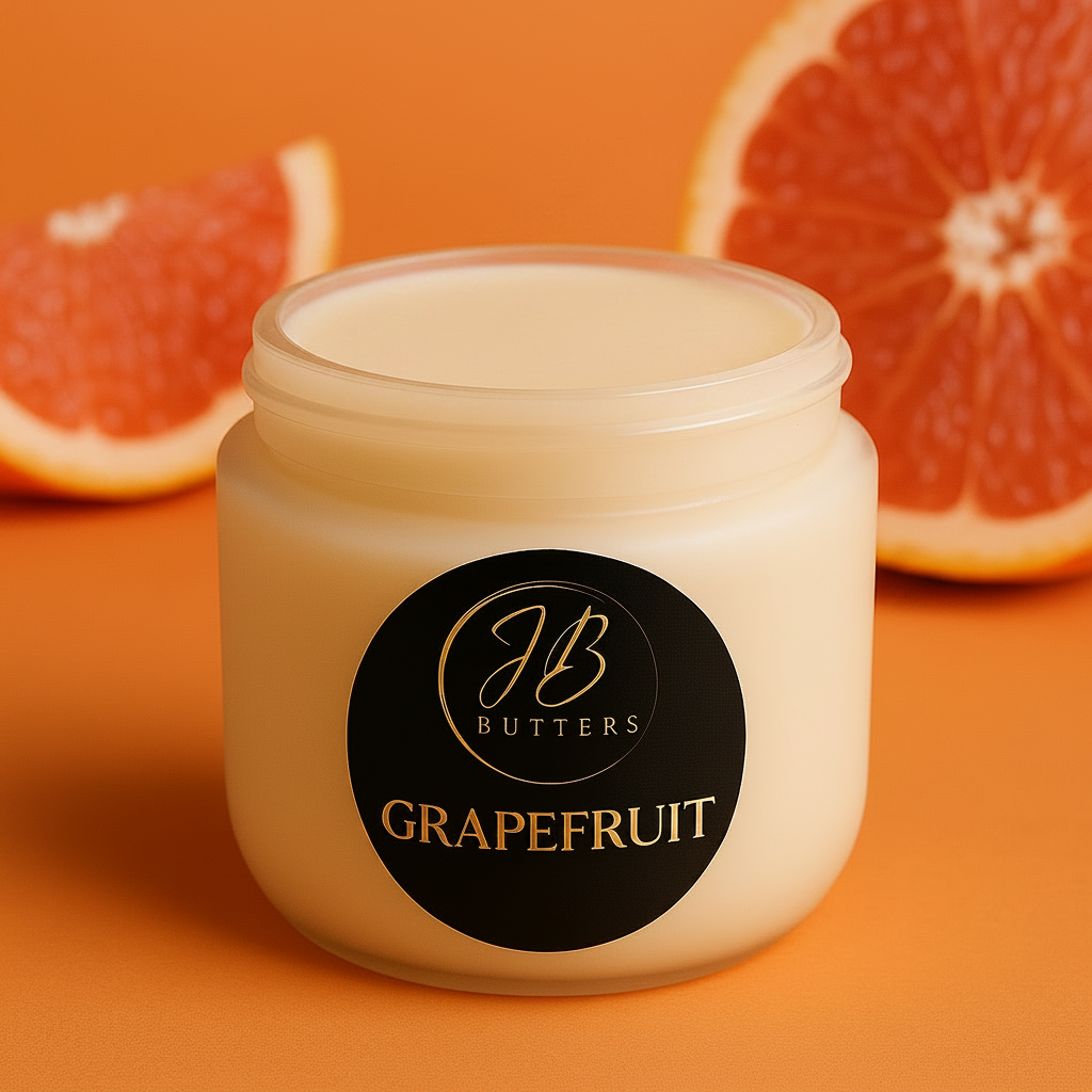Jar of grapefruit butters with a visible brand logo on an orange background