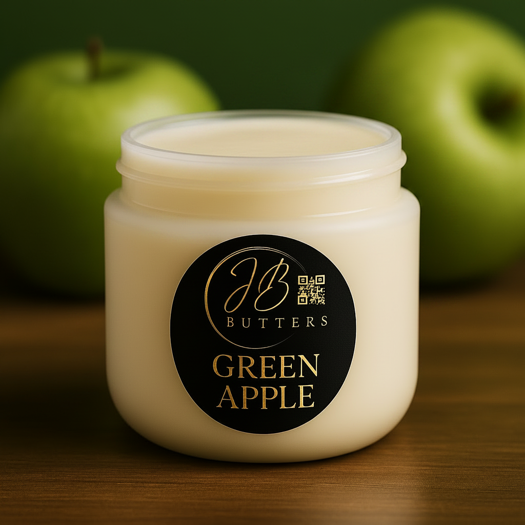 Jar of 'Green Apple' scented cream with green apples in the background