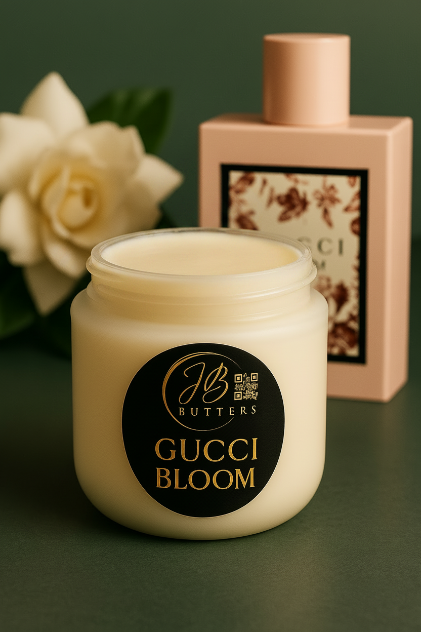 Jar of Gucci Bloom body butter with a box in the background on a green surface.