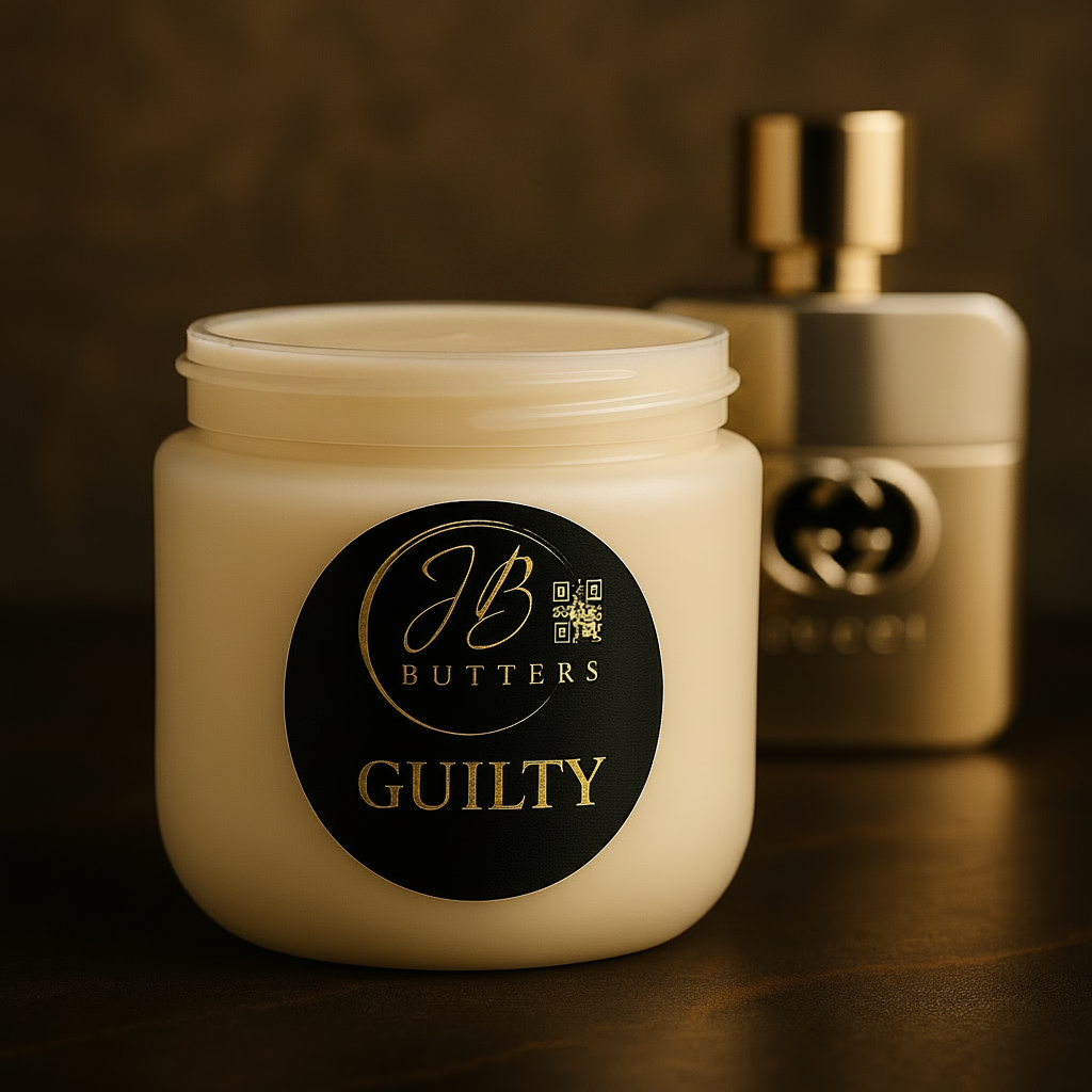 Jar of cream with 'Butters Guilty' label on a dark background