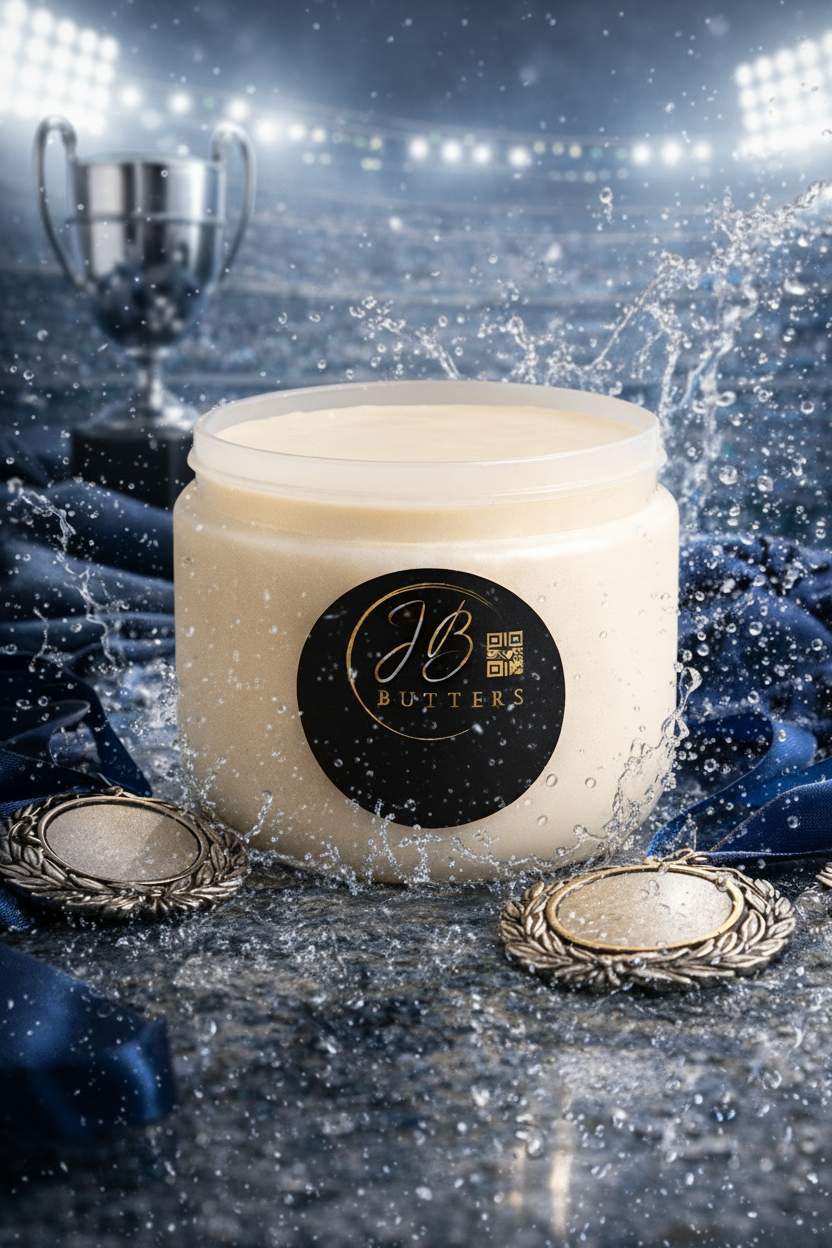 Jar of JB Butters cream with decorative elements on a dark background