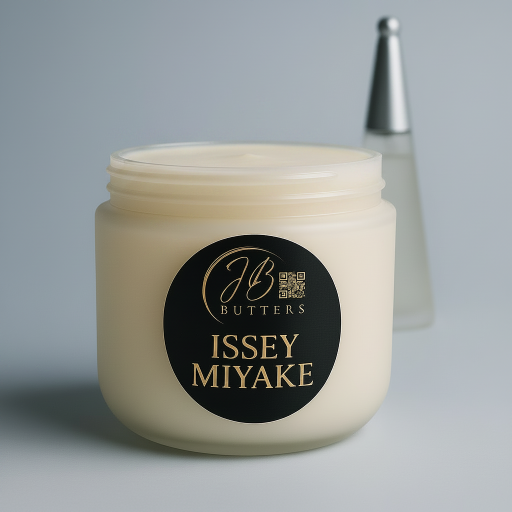 Jar of cream with Issey Miyake branding on a gray background