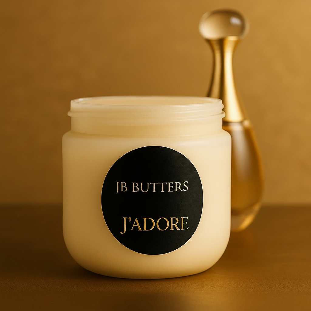 Jar of JB Butters J'Adore cream with a gold background