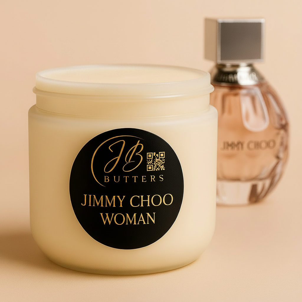 Jar of Jimmy Choo Woman cream with a bottle in the background on a beige background