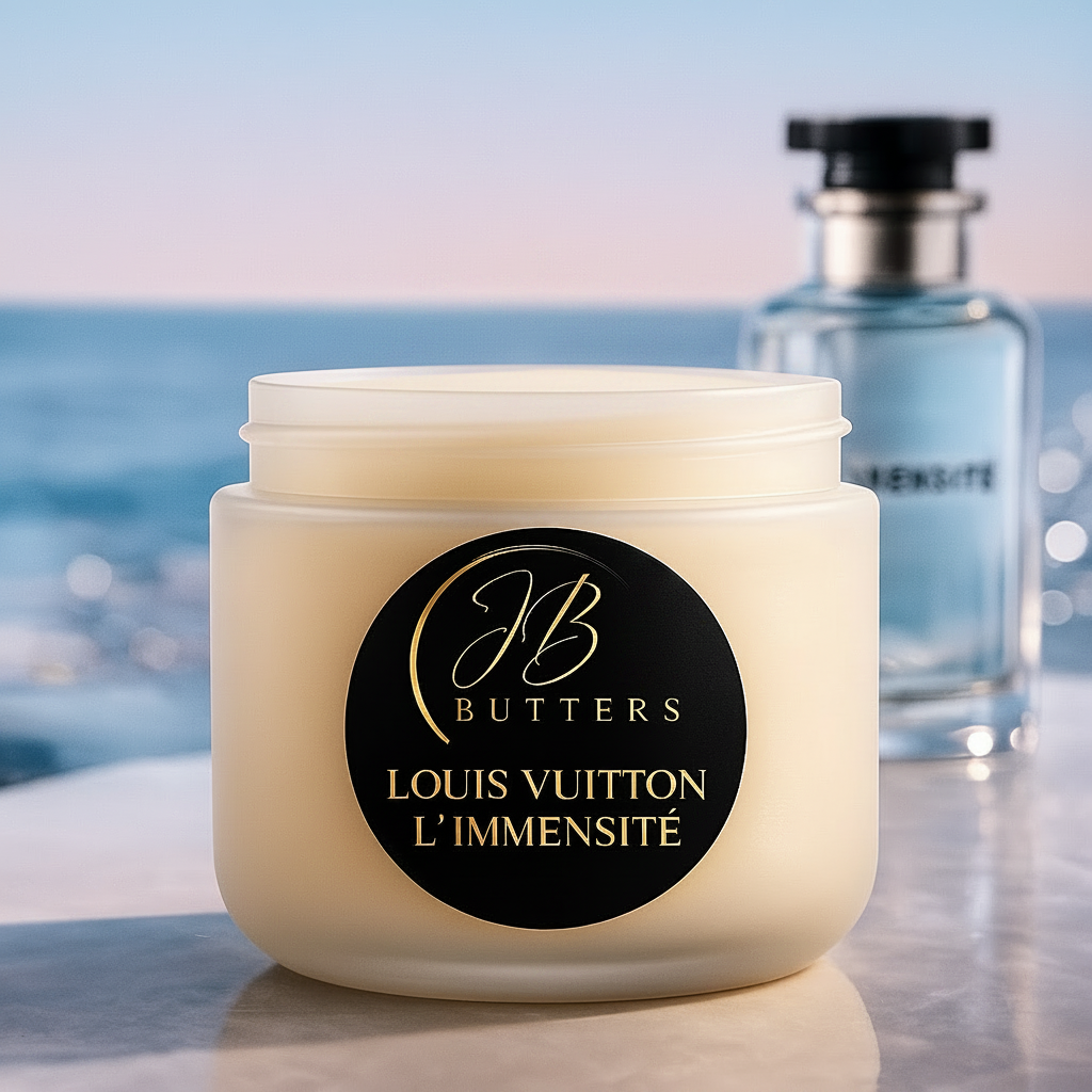 Louis Vuitton jar of cream with a bottle in the background on a reflective surface with ocean view