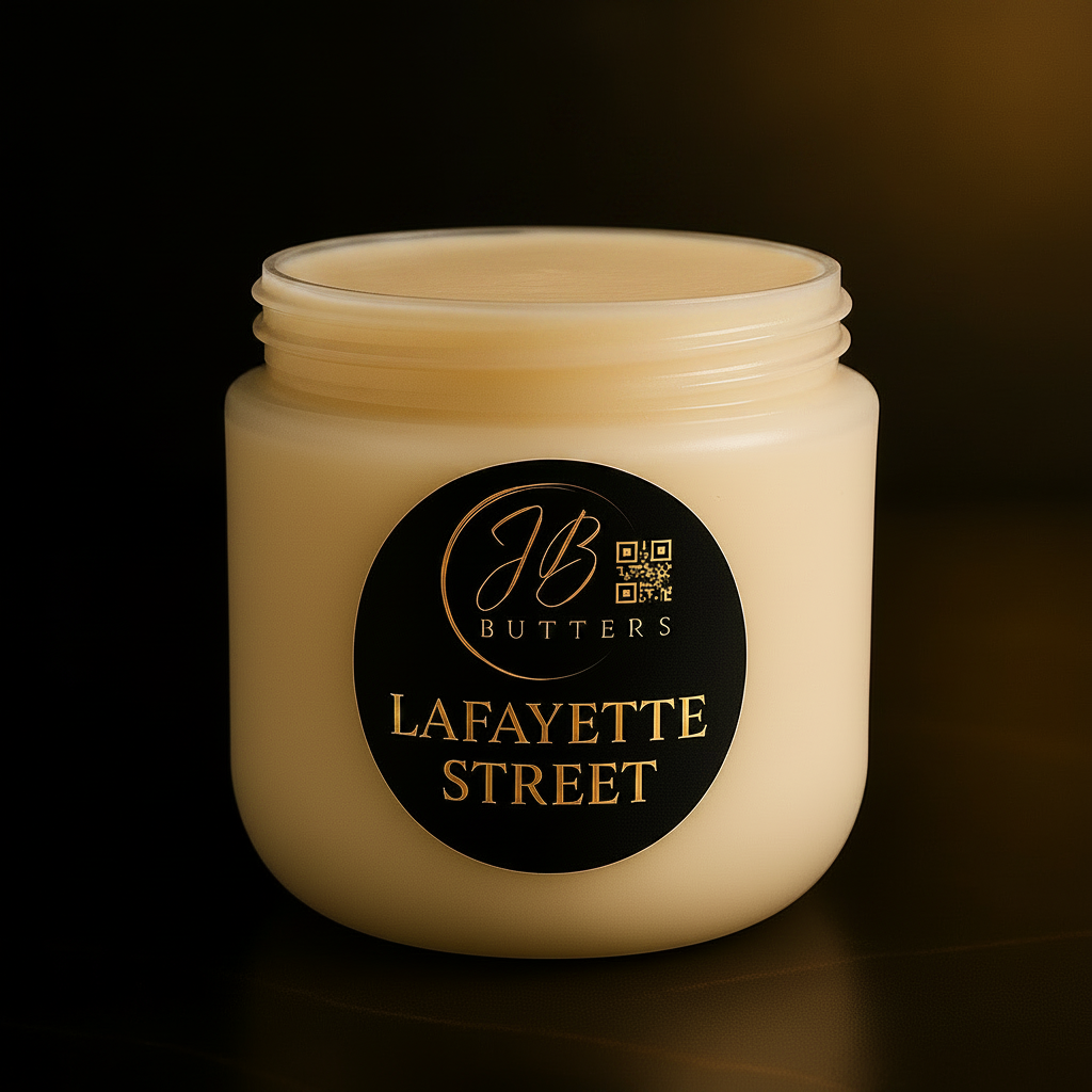 Jar of cream with 'JB Butters Lafayette Street' label on a dark background