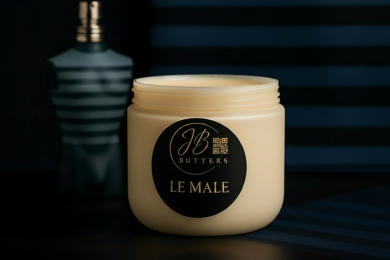 Jar of 'Le Male' cream with a black label featuring 'JB Butters' on a dark background.
