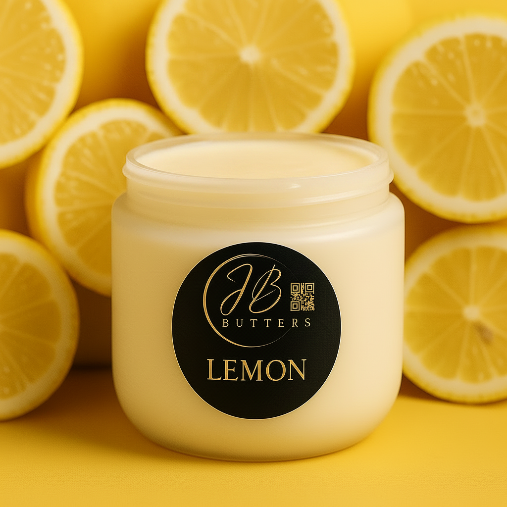 Jar of lemon-flavored cream with a 'JB Butters' label, surrounded by lemons on a yellow background.