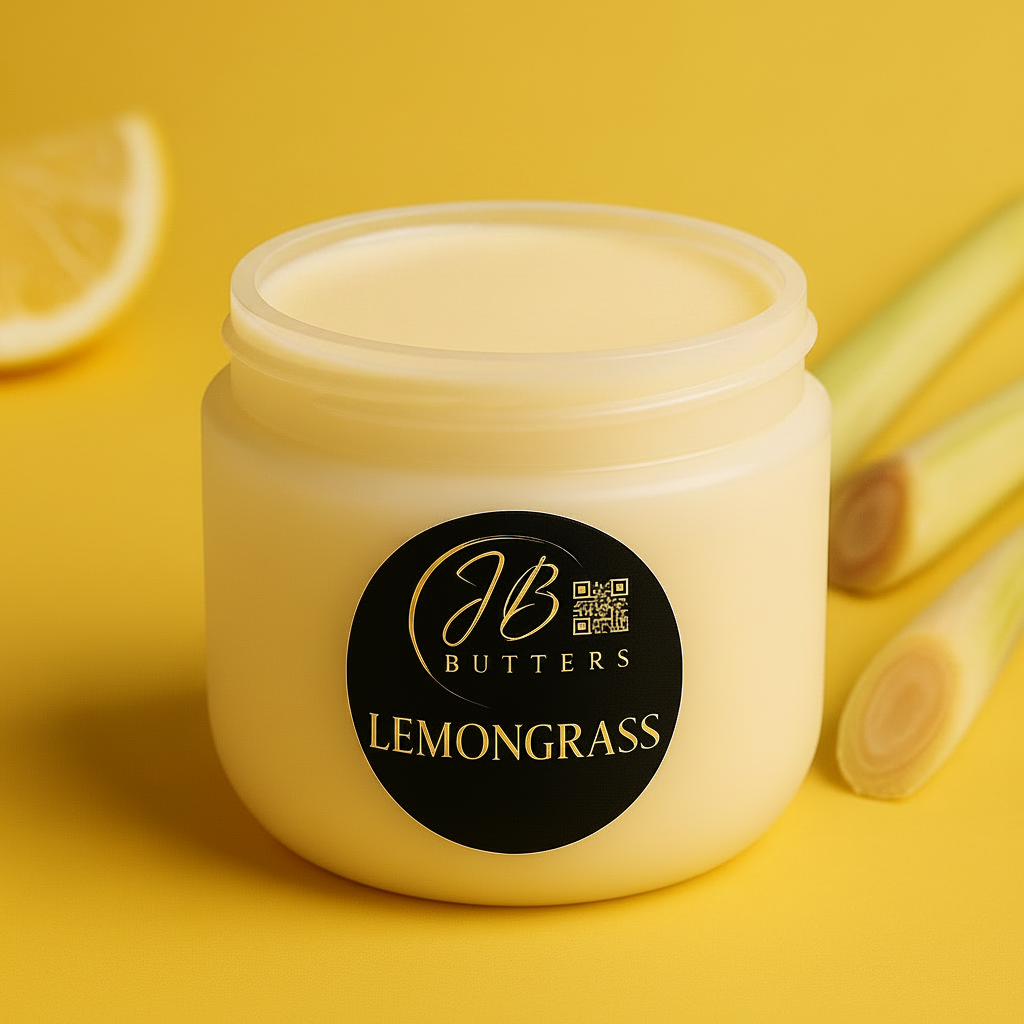 Jar of JB Butters Lemongrass cream on a yellow background