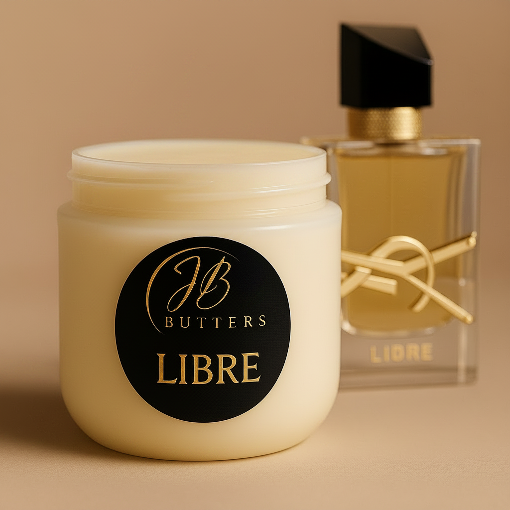Jar of cream with 'Butters Libre' label and a perfume bottle in the background on a beige background