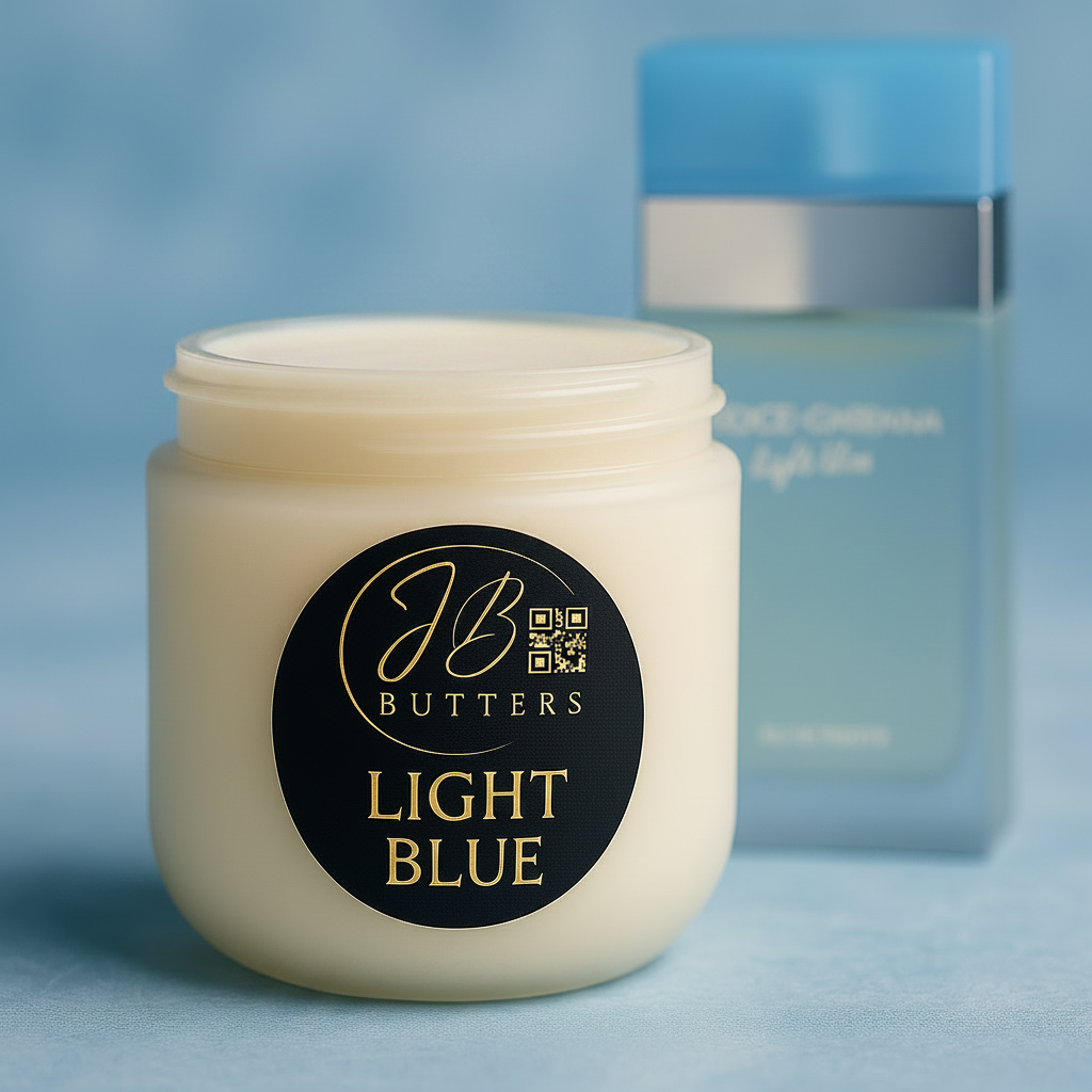 Jar of cream with 'Butters Light Blue' label on a blue background