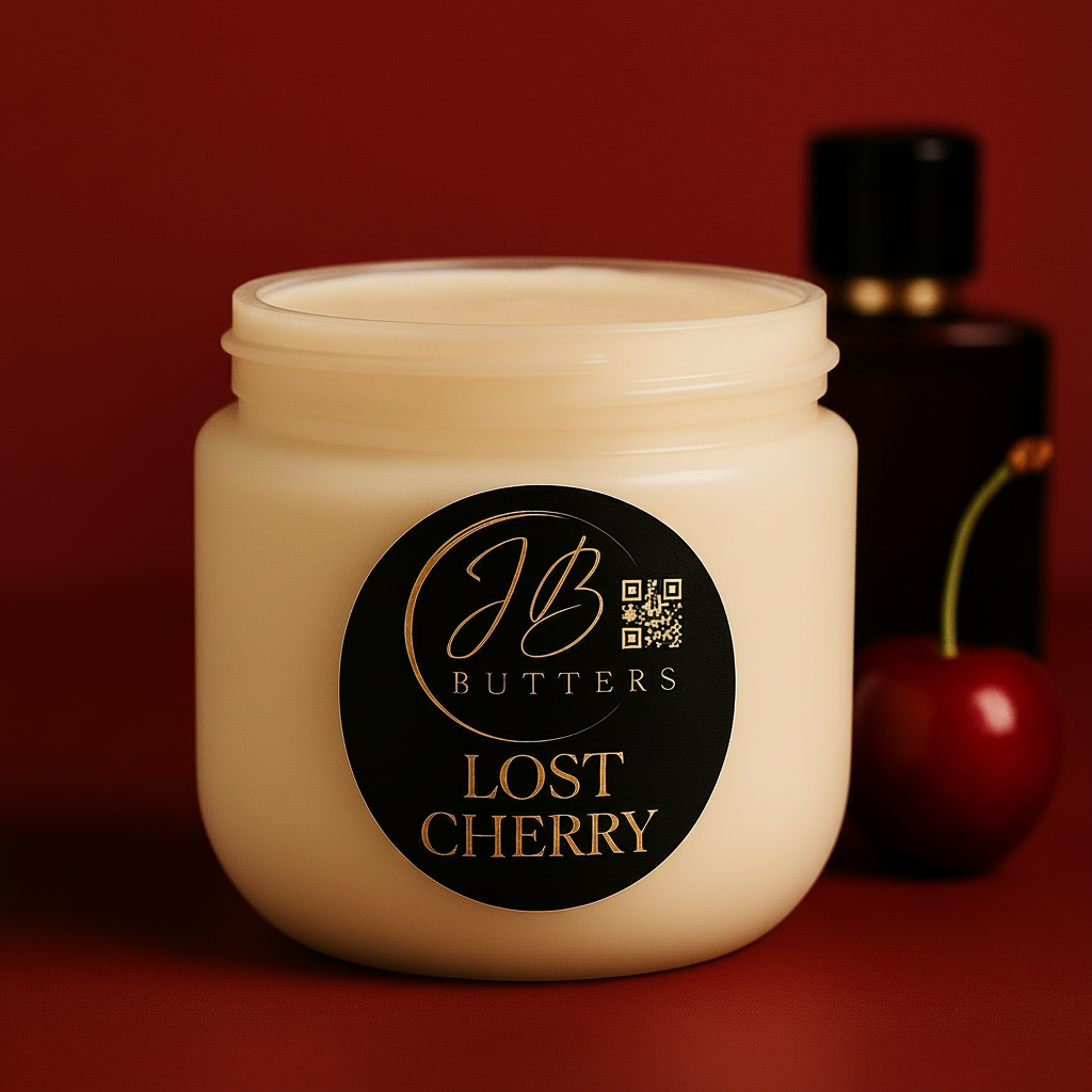 Jar of JB Butters Lost Cherry cream with cherry and bottle in the background