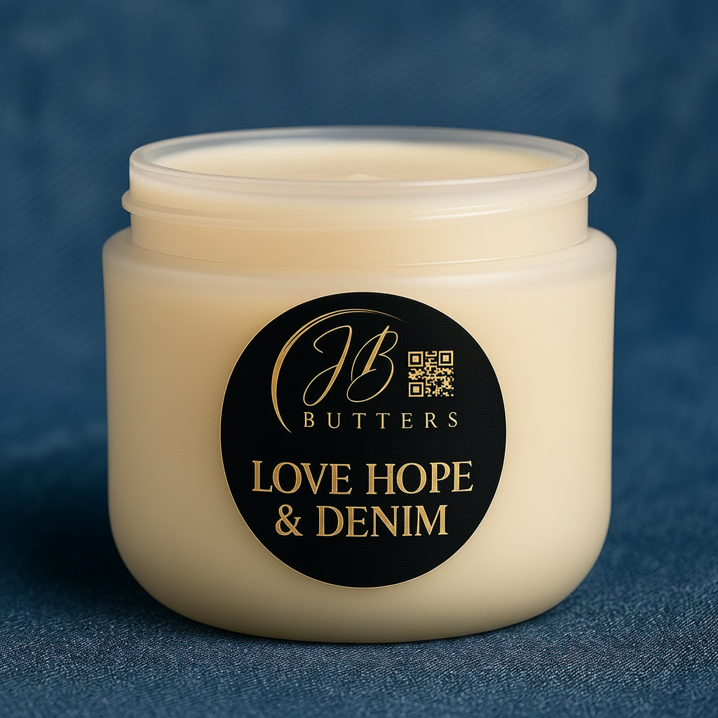 Jar of JB Butters cream with 'Love Hope & Denim' label on a blue background