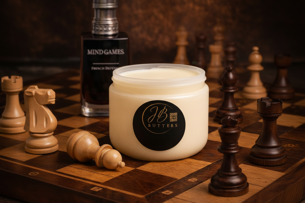 Jar of cream with a visible brand logo on a wooden surface with chess pieces and a bottle labeled 'MIND GAMES'.