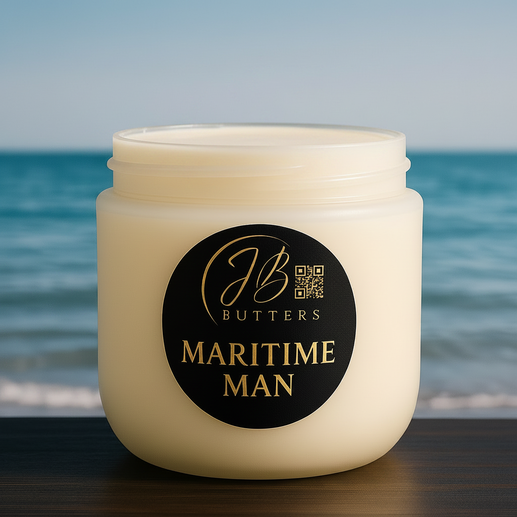 Jar of cream with 'JB Butters Maritime Man' label against a beach background