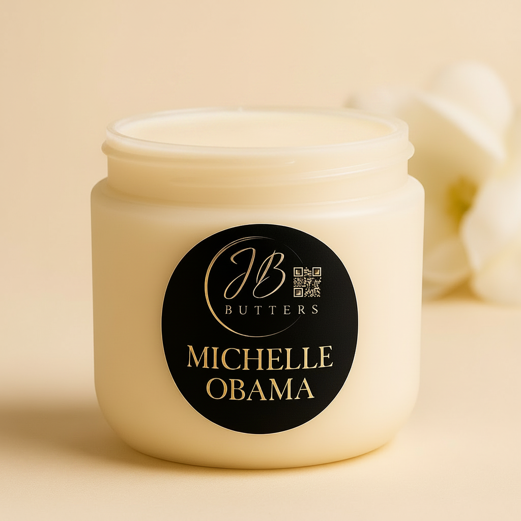 Jar of cream with a 'Michelle Obama' label on a beige background