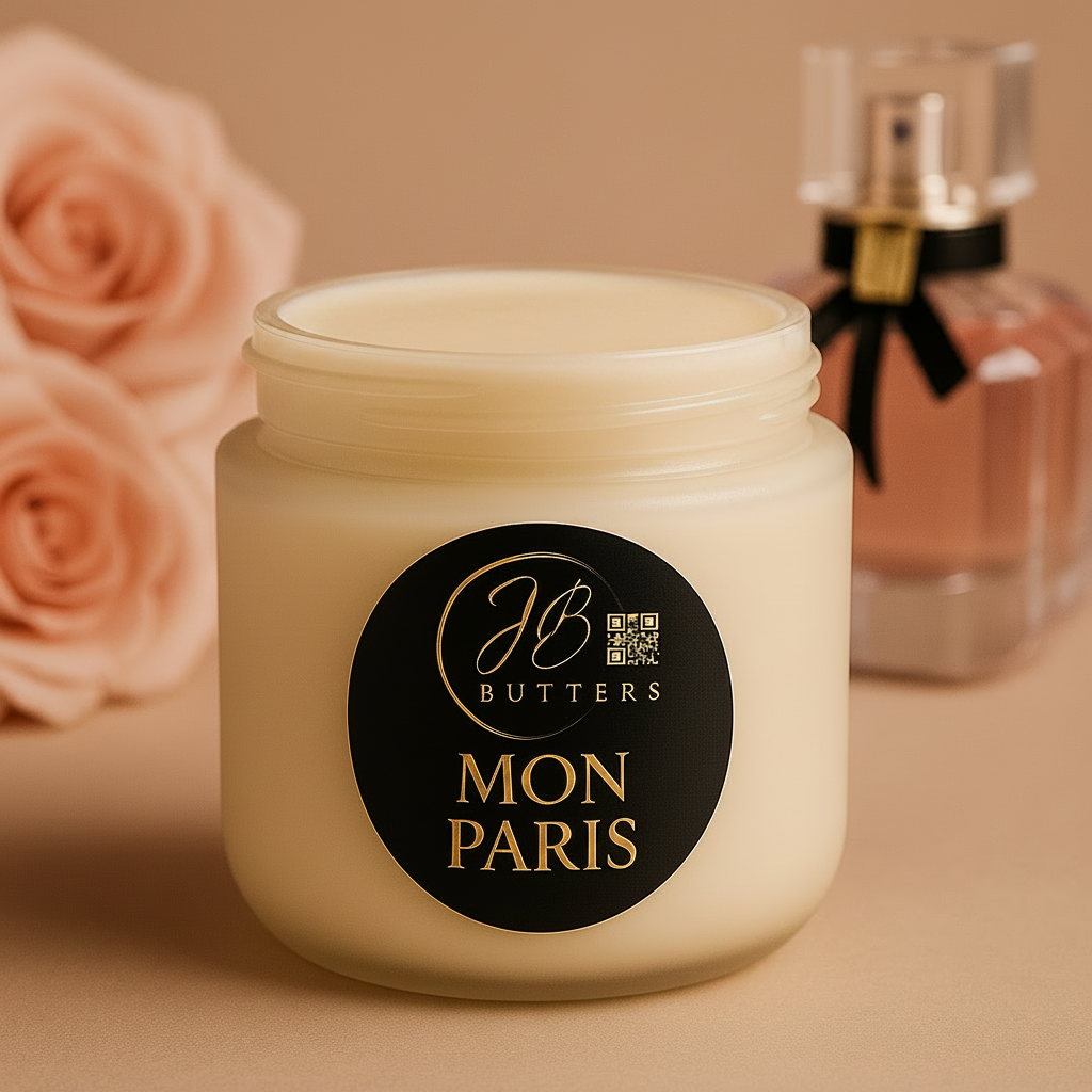 Jar of cream with 'JB Butters Mon Paris' label, surrounded by roses and a perfume bottle on a beige background