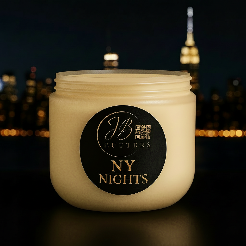Jar of JB Butters NY Nights cream with a cityscape in the background