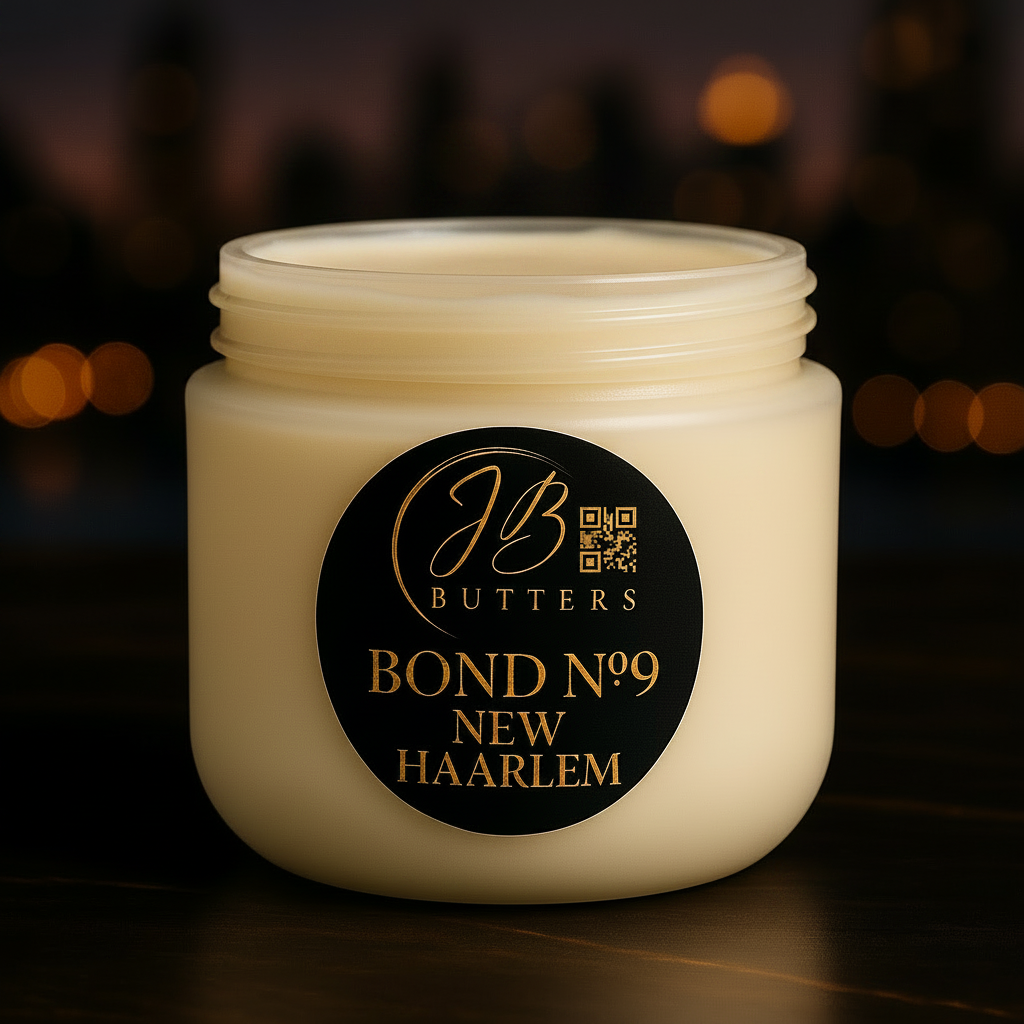 Jar of JB Butters Bond No.9 New Harlem cream on a dark background