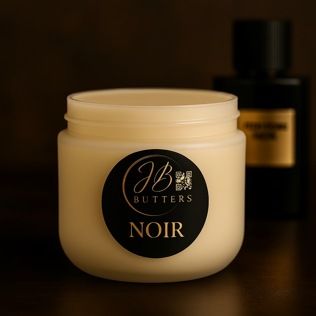 Jar of JB Butters Noir cream with a dark background