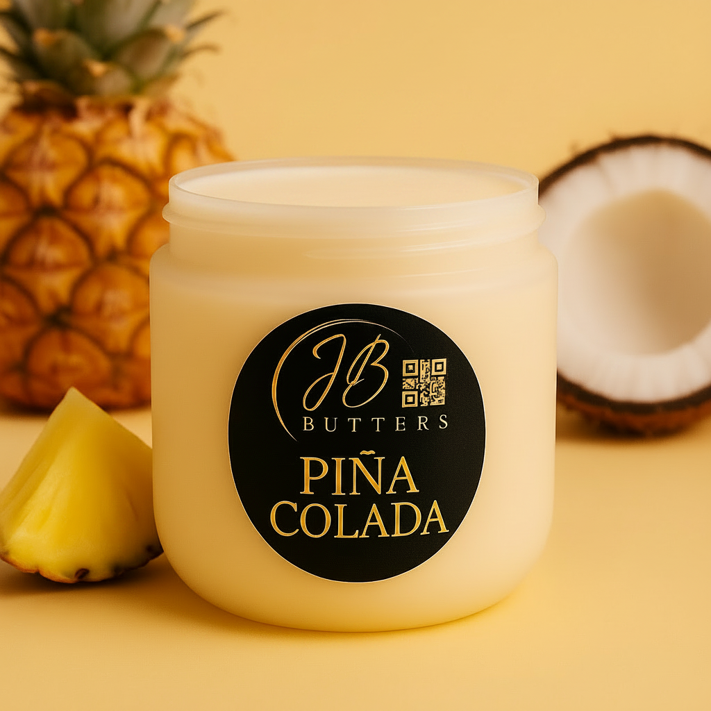 Jar of JB Butters Pina Colada on a yellow background with pineapple and coconut.